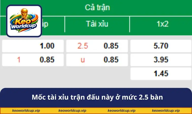 Mốc tài xỉu trận đấu này ở mức 2.5 bàn