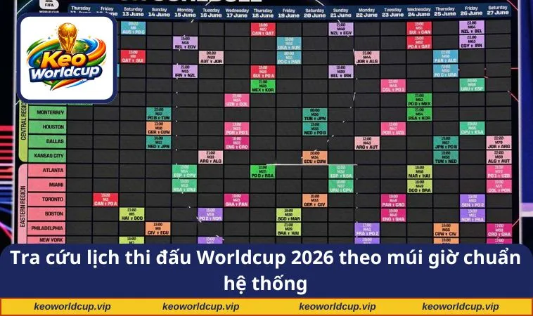 Tra cứu lịch thi đấu Worldcup 2026 theo múi giờ chuẩn hệ thống